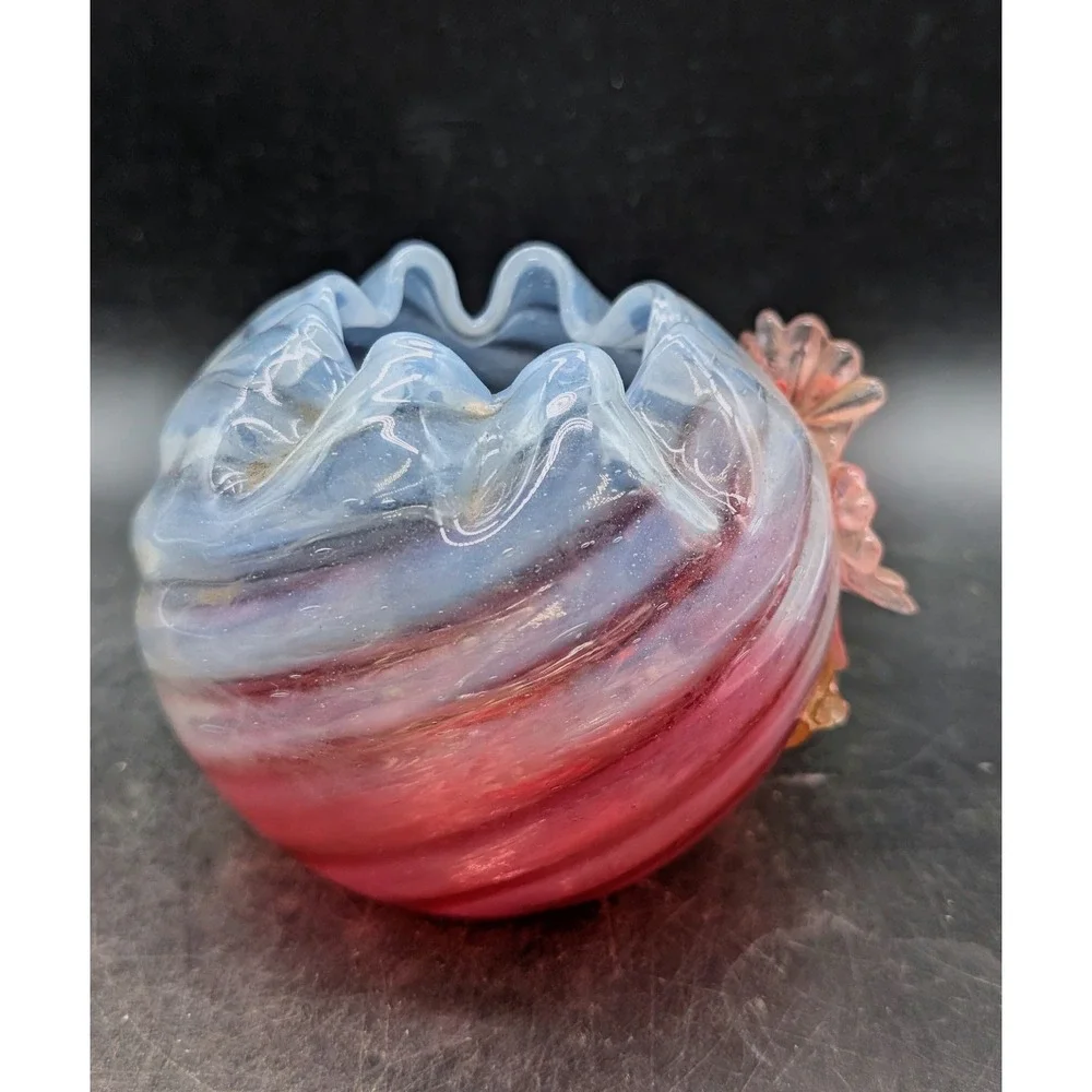 Uranium Glass Applied Flower Rose Bowl Opalescent Cranberry Swirl UV Glow 4.5